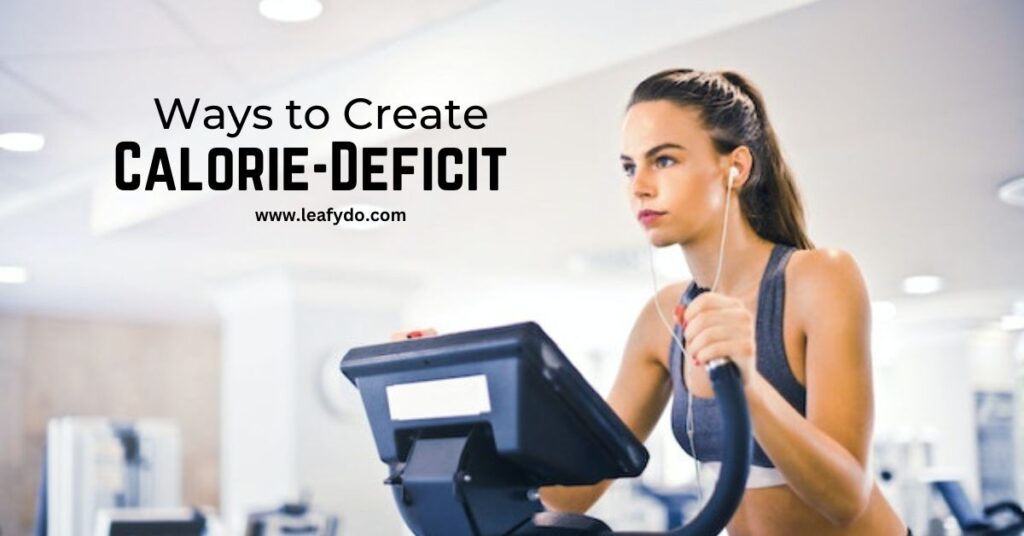 women in a gym and image having text  "ways to create calorie deficit"